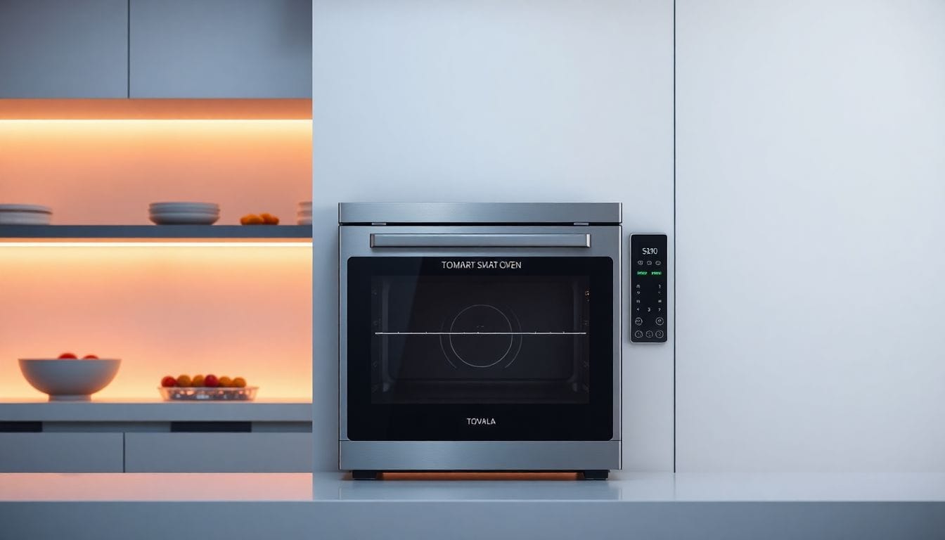 Imagem do forno inteligente Tovala, um exemplo moderno de automação na cozinha, que se destaca como um 'chef robô' ao preparar refeições com ingredientes frescos e fáceis de usar.