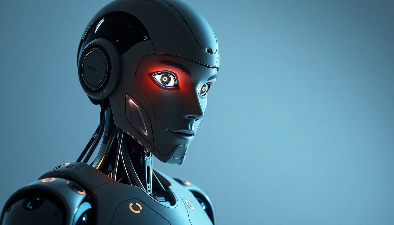 Um robô humanoide representando diferentes 'personalidades' de chatbot, destacando a exploração que hackers realizam nesse novo tipo de interação com a inteligência artificial.
