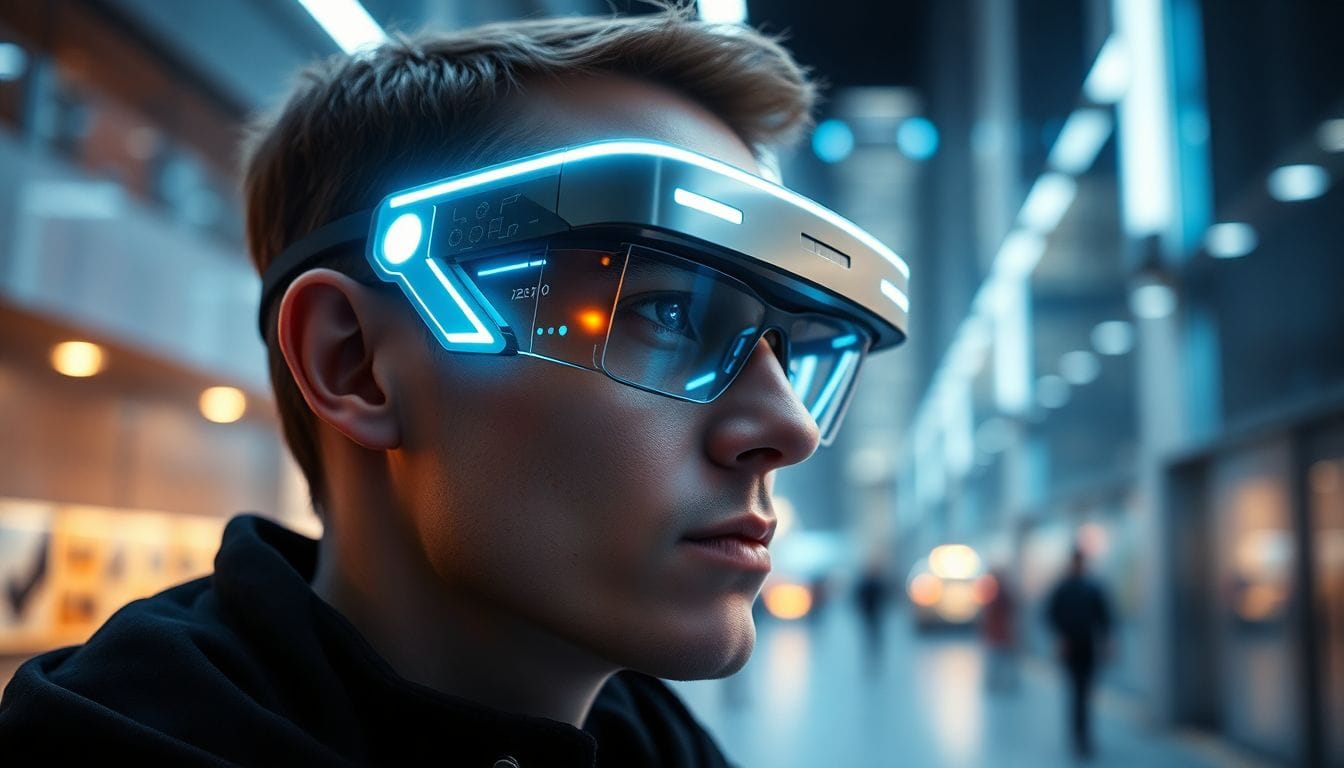 Uma pessoa usando óculos inteligentes Xreal em um ambiente urbano moderno, destacando a inovação e a funcionalidade da nova tecnologia desenvolvida em parceria com o Google, que pode finalmente transformar a indústria de óculos inteligentes.