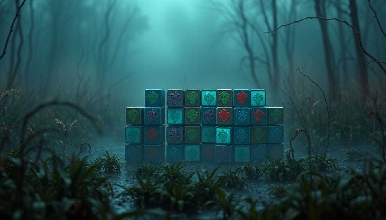 Imagem de um jogo match-three atmosférico, Meshchera, ambientado em um pântano assombrado, onde os jogadores combinam peças para resolver desafios intrigantes. A arte detalhada e a iluminação cinematográfica destacam a essência do jogo.