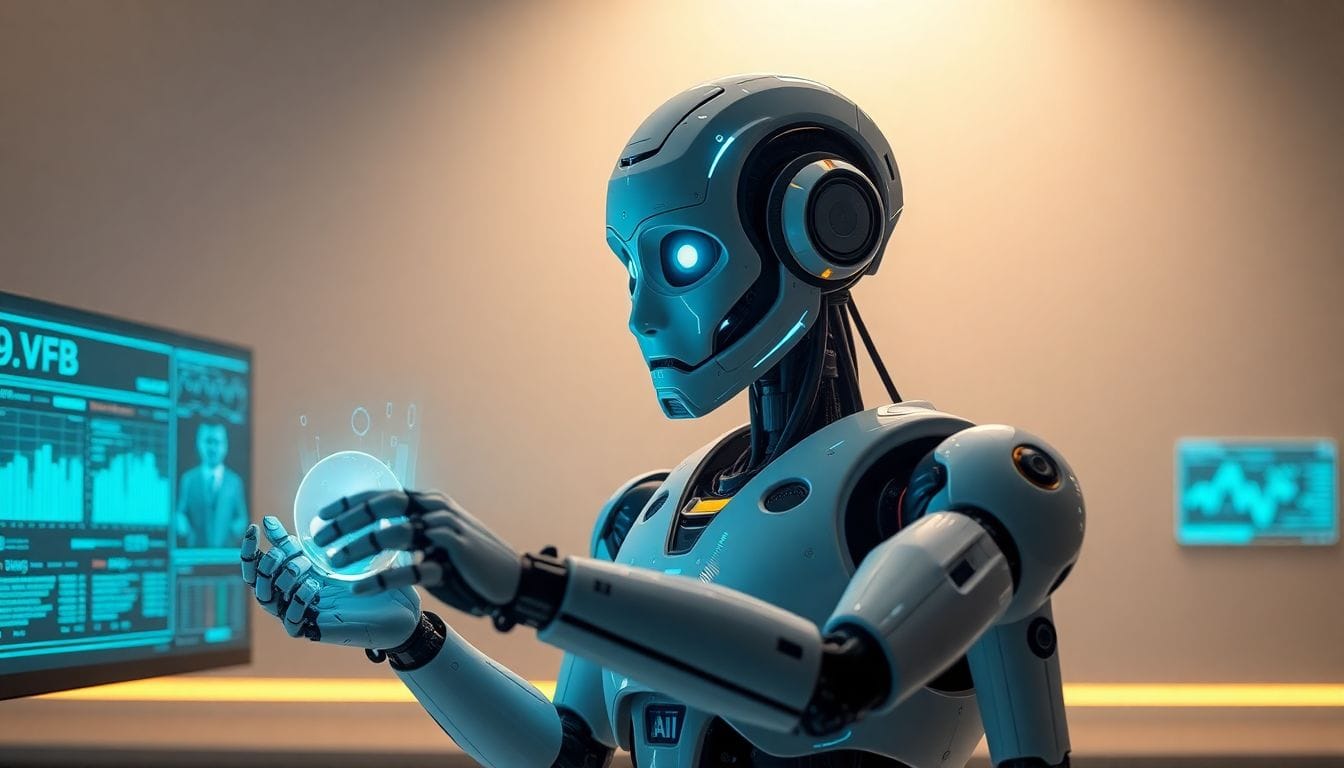 Um robô de IA em um ambiente de trabalho futurista, simbolizando as demissões em massa na ClickUp e a mudança no futuro do trabalho através da automação e inteligência artificial.
