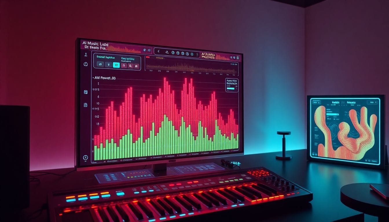 Uma interface de um gerador de música IA, destacando as ondas sonoras vibrantes e instrumentos digitais, simbolizando a tendência de usuários do Suno que ouvem exclusivamente suas próprias composições de AI.