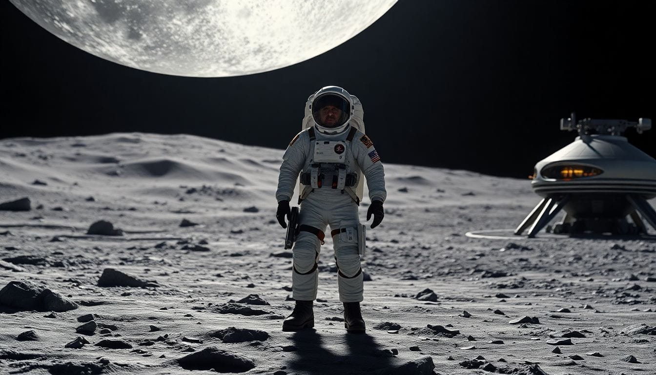 Um astronauta da Força Espacial dos EUA em um habitat lunar, destacando a preparação para colocar tropas ativas na Lua, conforme sugerido em um relatório recente sobre a segurança nacional.