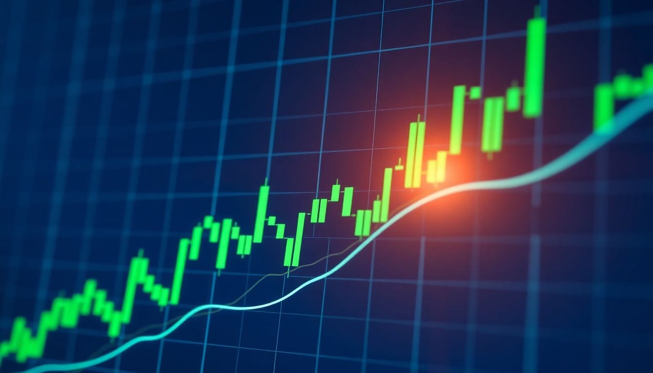 Análise da leve alta das ações da Apple após o relatório de ganhos do segundo trimestre de 2026. A imagem retrata um gráfico em ascensão, simbolizando o crescimento recente da empresa que continua a atrair investidores.
