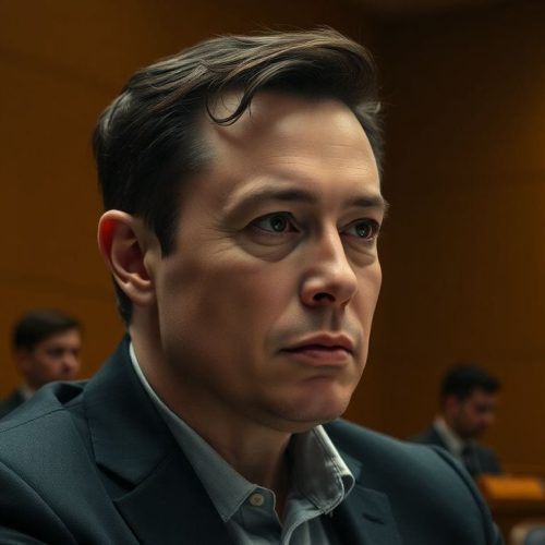 Elon Musk em um tribunal, representando sua semana difícil em court durante o julgamento Musk v. OpenAI, onde ele enfrenta desafios legais significativos.
