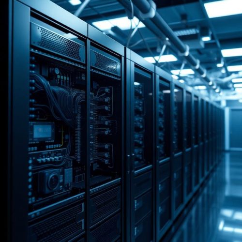 Imagem de um servidor de alta tecnologia, simbolizando a evolução da segurança cibernética e do malware Fast16, que pode ter visado o programa nuclear do Irã. A imagem destaca circuitos complexos e iluminação cinematográfica que transmitem inovação e sofisticação tecnológica.