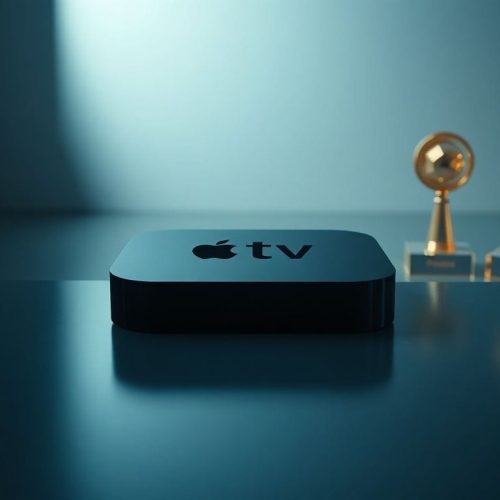 Imagem de um dispositivo Apple TV em um fundo minimalista, simbolizando suas vitórias no Peabody Awards de 2026, destacando a premiada qualidade de programação e inovação tecnológica da Apple em streaming.