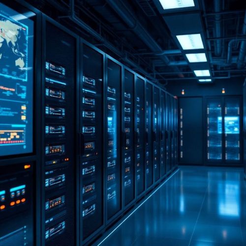 Imagem de uma sala de servidores de alta tecnologia, representando a segurança digital vinculada ao caso do engenheiro de segurança do Google preso em um esquema de trading na Polymarket. A imagem destaca a importância da segurança da informação em grandes empresas.