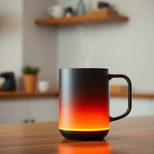 A imagem mostra a moderna Ember Smart Mug, ideal para manter o café quente, que está em promoção. O design elegante e as características tecnológicas da caneca são destacados, capturando seu apelo como um presente perfeito para o Dia das Mães.