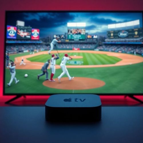 Imagem representando um dispositivo Apple TV exibindo jogos da Major League Baseball, ideal para os fãs que desejam assistir às emocionantes partidas de beisebol às sextas-feiras.