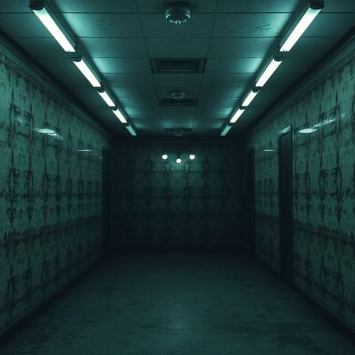 Uma representação fotorealista de um ambiente de terror inspirado nos Backrooms, com corredores intermináveis e iluminação fluorescente sombrio. Esta imagem evoca a sensação de medo e desconforto que se relaciona com a onda de horror no YouTube, destacando a crescente popularidade do gênero entre os criadores de conteúdo.
