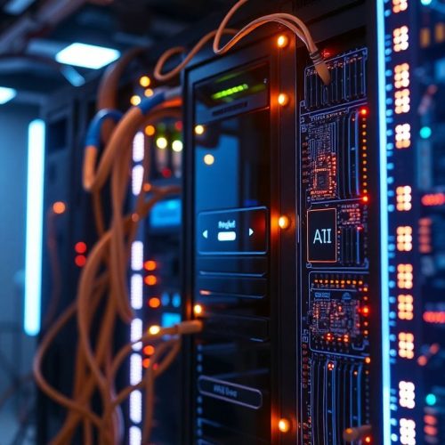 Imagem de um servidor de IA de alta tecnologia, simbolizando a recente declaração pública do CEO da OpenAI, Sam Altman, sobre a comunidade de Tumbler Ridge após um trágico incidente envolvendo uma arma. A tecnologia é vital na prevenção de tais eventos futuros.
