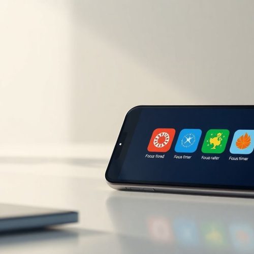 Imagem de um smartphone moderno exibindo aplicativos de foco, como Focus Friend, Forest e Focus Traveller, em um ambiente de trabalho minimalista. Essa visualização representa a tecnologia de aplicativos de produtividade em 2026.