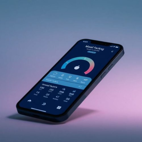 Imagem mostrando o aplicativo 'InnerPulse', um rastreador de humor privado e profundo, em um smartphone com uma interface moderna que exibe a escala de humor e fatores relacionados ao bem-estar, ideal para quem busca monitorar suas emoções.