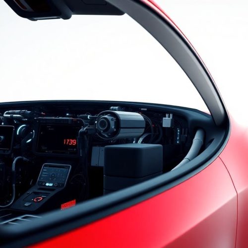 Close-up de um hardware sofisticado de veículo elétrico da Tesla, essencial para a implementação de recursos avançados de direção autônoma, ilustrando a recente admissão de Elon Musk sobre a necessidade de upgrades para os proprietários de Tesla.
