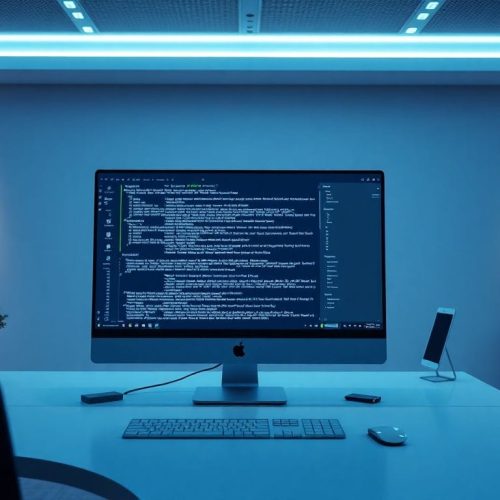 Uma cena de escritório moderno e futurista exemplifica o potencial de John Ternus em revitalizar a Apple, destacando a integração de tecnologia de ponta no ambiente de trabalho, refletindo o impacto da estratégia da Microsoft.