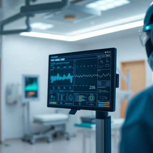 Imagem de um modelo de inteligência artificial em um hospital, realizando diagnósticos médicos mais precisos do que dois médicos. A imagem ilustra como a AI atua na emergência, potencializando a precisão no atendimento ao paciente.
