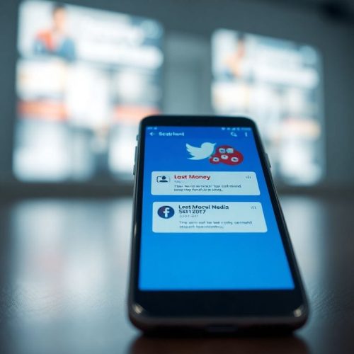 Um smartphone exibindo aplicativos de mídias sociais e gráficos de alertas de fraudes, destacando a perda de $2,1 bilhões em golpes nas redes sociais em 2025, conforme relatado pela FTC. Esta imagem ilustra a importância de se proteger contra fraudes em plataformas sociais.