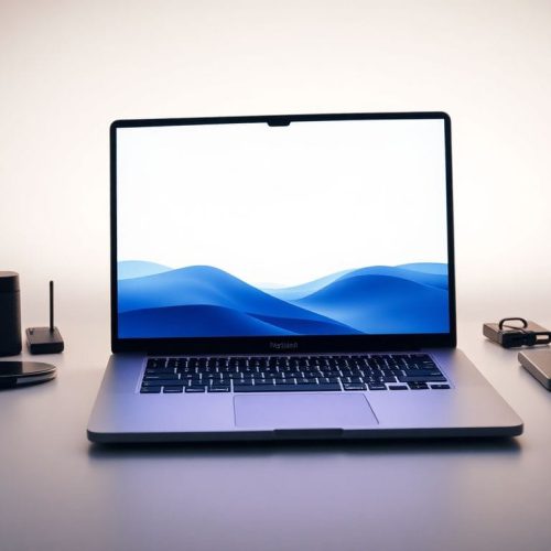 Imagem em alta definição do novo M5 MacBook Air, que apresenta um design elegante e moderno. Este laptop, que nunca esteve tão barato, combina alto desempenho com uma estética minimalista, tornando-se uma excelente escolha para quem busca qualidade em tecnologia.