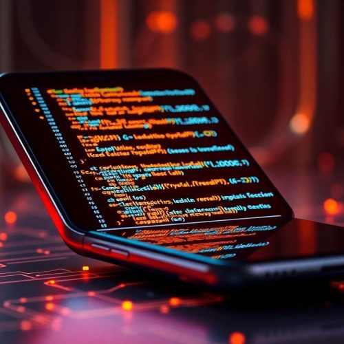 Imagem que retrata a segurança em aplicativos móveis, com foco na abordagem do 'vibe coding', destacando a interface tecnológica e os códigos que garantem a proteção dos dados.