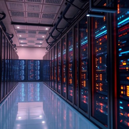 Imagem de um ambiente de servidor de alta tecnologia, representando a oferta de novos produtos da OpenAI pela Amazon na AWS. A tecnologia avançada reflete a colaboração crescente entre as duas empresas, destacando inovações em inteligência artificial.