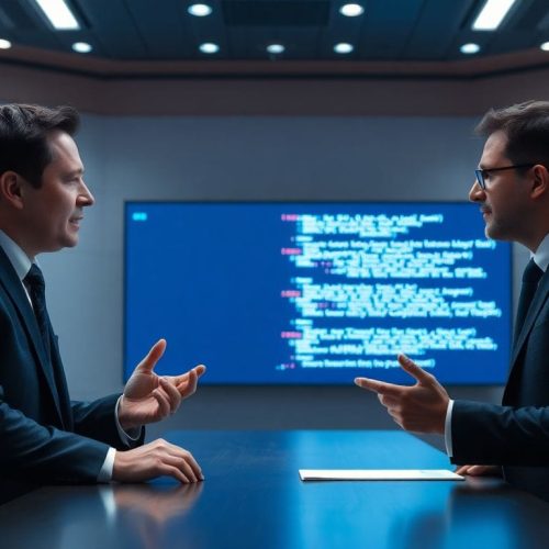 Elon Musk e Sam Altman em um tribunal discutem sobre OpenAI e a prevenção de um resultado apocalíptico, refletindo a preocupação com a inteligência artificial no futuro da tecnologia.