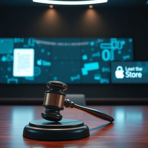 Ilustração de um ambiente de tribunal moderno, simbolizando a batalha legal entre Epic Games e Apple sobre as regras da App Store, importante para a determinação da legislação tecnológica.