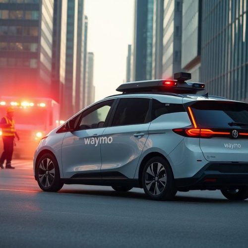 Um veículo autônomo da Waymo parado em uma rua movimentada, ilustrando os desafios que os primeiros socorros enfrentam com a tecnologia em emergências. A performance dos veículos autônomos está se tornando uma preocupação crescente para os atendentes de emergência.