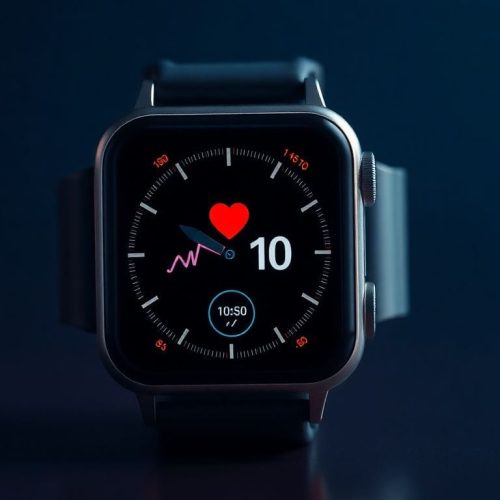 Imagem de um Apple Watch exibindo dados de saúde, destacando a campanha 'Thankfully, I was wearing it', que ilustra histórias de resgate e a importância do dispositivo na detecção de emergências.