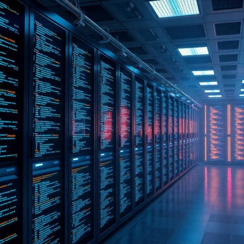 Uma imagem de um centro de dados futurista, iluminado de forma cinematográfica, representando a evolução da inteligência artificial e a peculiar obsessão do ChatGPT por 'goblins', refletindo a complexidade do desenvolvimento de sistemas de IA.