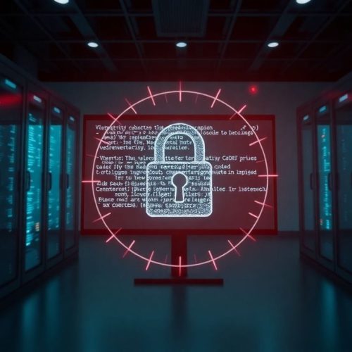 Imagem de um servidor de computador com código de segurança na tela, destacando a vulnerabilidade em cPanel que está sendo explorada por hackers, colocando em risco milhões de websites.