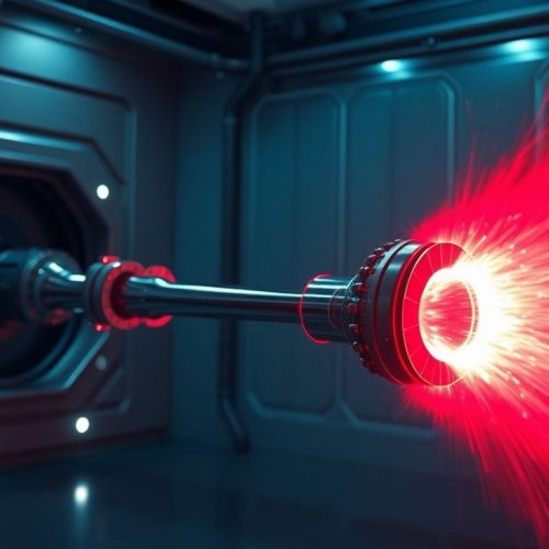 A imagem mostra o propulsor nuclear alimentado por lítio da NASA em ação, destacando a emissão vibrante da pluma vermelha. Essa tecnologia revolucionária representa um avanço significativo na pesquisa de propulsão elétrica, crucial para futuras missões tripuladas a Marte.