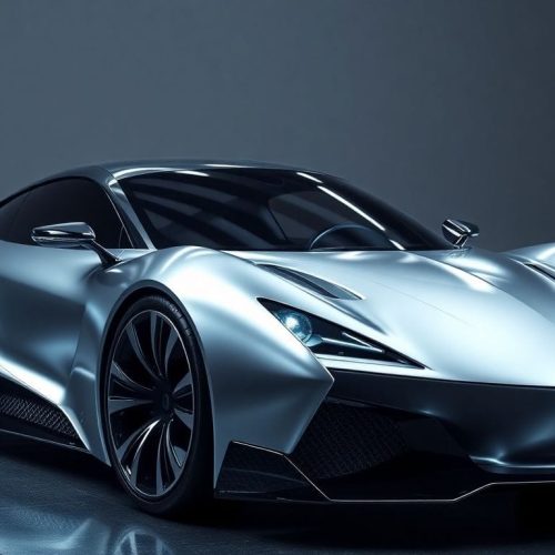 Imagem de um carro projetado por inteligência artificial, ilustrando como as empresas automotivas estão adotando tecnologia avançada para inovar no design de veículos. O carro exibe características futuristas e tecnológicas que representam o futuro da mobilidade.