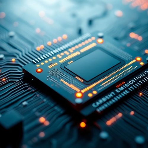 Imagem focada em um chip de computação avançado, simbolizando a análise de dados de emissões de carbono, relevante ao erro identificado no banco de dados de CO2 alimentado por IA, conforme noticia o estudo recente.