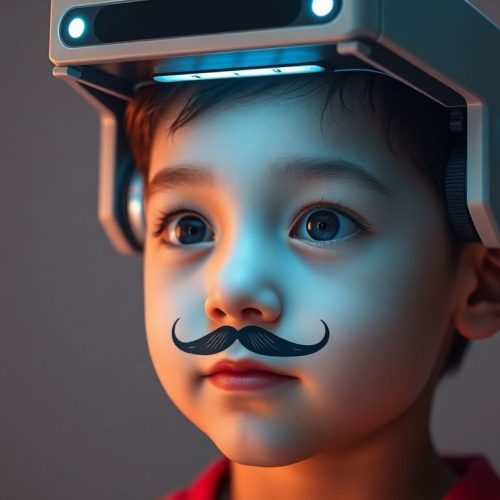 Um sistema de verificação de idade baseado em IA analisa o rosto de uma criança com um bigode desenhado, destacando os novos métodos que a Meta está implementando para evitar que crianças eludam suas restrições de idade. Este sistema pretende melhorar a segurança nas plataformas sociais.