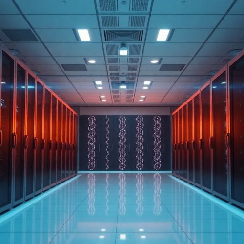 Imagem de um moderno data center, com ênfase nos servidores de última geração, refletindo a nova estratégia da Coatue de adquirir terrenos para expandir sua infraestrutura de data centers, possivelmente para suportar a Anthropic.