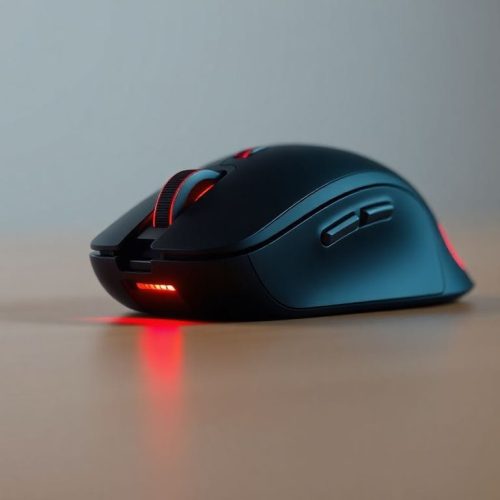 Imagem do mouse Ploopy Bean, que traz o icônico TrackPoint do ThinkPad para um design portátil e inovador. O mouse é apresentado com um fundo minimalista, destacando seu design moderno e os botões personalizáveis.