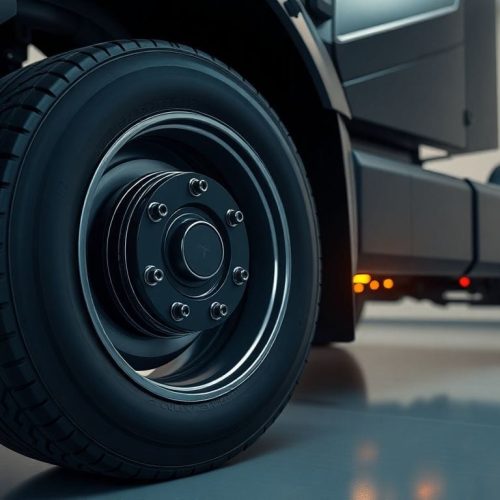 Imagem que ilustra o problema de recall do Tesla Cybertruck, focando na roda e sistema de freios que podem causar a queda das rodas, destacando a importância da segurança automotiva.