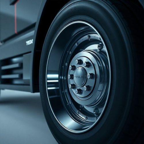 Imagem de um Tesla Cybertruck, destacando o sistema de rodas que foi motivo de recall devido a preocupações de que as rodas poderiam se soltar. A imagem ilustra a complexidade do design e a engenharia envolvida no veículo.