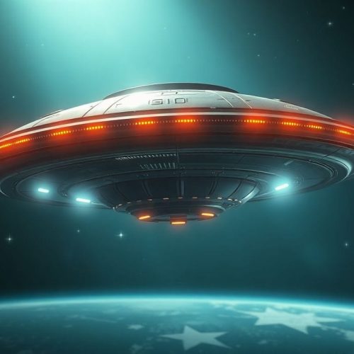Um objeto voador não identificado (UFO) exibido em detalhes impressionantes, simbolizando a recente liberação de arquivos desclassificados pelo Pentágono sobre fenômenos anômalos não identificados. Esta imagem captura a essência do mistério e inovação tecnológica, atraindo aqueles interessados nas novas informações reveladas.