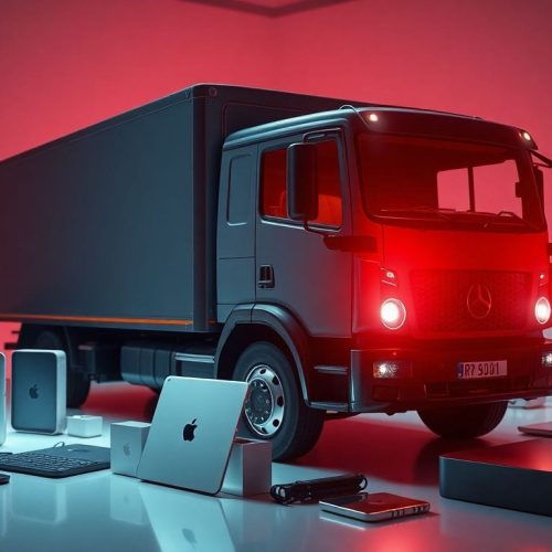 Imagem de um caminhão de entrega rodeado por produtos Apple de luxo, refletindo o roubo de US$ 1,2 milhão em equipamentos Apple por três homens. Esta cena ilustra a gravidade do crime e a violência envolvida no caso recente de sequestro.