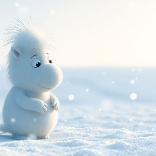 Um Moomintroll explorando um cenário invernal encantador, capturando a essência do jogo 'Moomintroll: Winter's Warmth', que celebra as alegrias e medos do inverno.