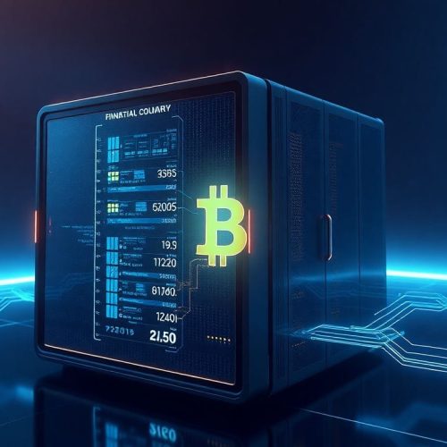 Uma visão detalhada de um servidor de blockchain futurista, simbolizando o recente investimento de $222 milhões da Circle para fortalecer as stablecoins e desafiar a Ethereum, refletindo o novo paradigma no mercado de criptomoedas.