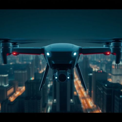 Drone de entrega da Amazon realizando entregas ultrarrápidas de 30 minutos em uma cidade moderna, destacando a inovação da empresa no setor de logística.