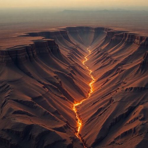 Imagem que ilustra a possível formação de uma nova fronteira tectônica na África, mostrando as fissuras e rifts do Grande Vale do Rift. Esta geografia pode levar à divisão do continente africano ao longo do tempo, conforme sugerido por pesquisadores que estudam a atividade geológica na região.
