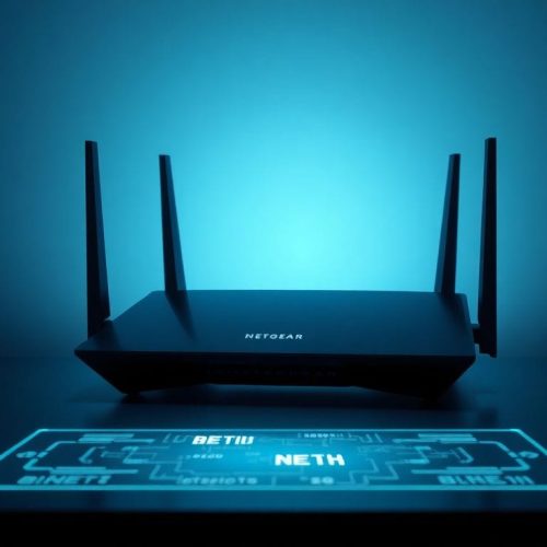 Um roteador Netgear em destaque com design moderno e tecnologia avançada. Esta imagem ilustra a recente aprovação da FCC que salvou a Netgear de uma proibição na importação de seus roteadores, destacando sua relevância no mercado. A luminosidade cinematográfica realça suas características inovadoras.