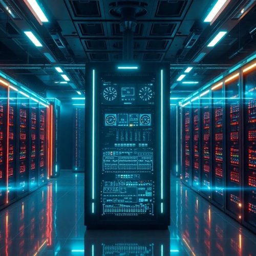 Imagem de um servidor moderno em um ambiente tecnológico avançado, representando o ataque de ransomware que afetou as fábricas norte-americanas da Foxconn, fornecedora da Apple e alvo de recentes ciberataques.