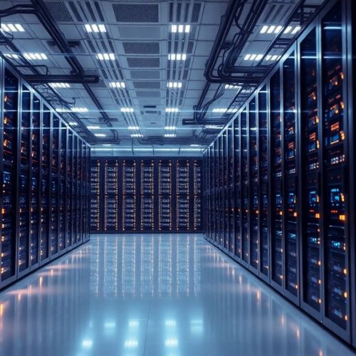 Imagem de um moderno data center da Fluidstack, destacando a estrutura robusta que suporta a infraestrutura de inteligência artificial, refletindo a recente valorização de $18 bilhões da startup.