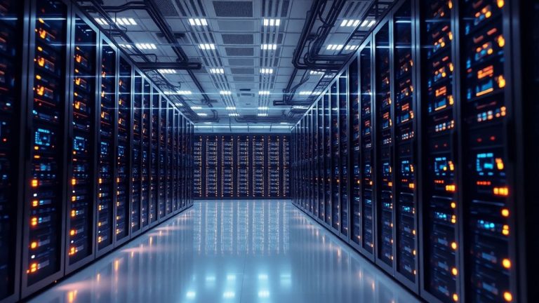 Imagem de um moderno data center da Fluidstack, destacando a estrutura robusta que suporta a infraestrutura de inteligência artificial, refletindo a recente valorização de $18 bilhões da startup.