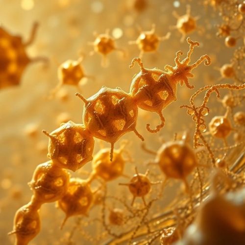 Detalhe de microfósseis de 540 milhões de anos, inicialmente considerados fósseis de animais, mas que na verdade são evidências de algas e bactérias, revelando novos insights sobre a evolução da vida na Terra.